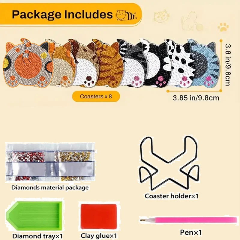 8-piece DIY Diamond Painting Wooden Cup Mat Set, Cute Animal Pattern Mosaic Tea Cup Mat with Bracket, Christmas Decoration Non s view 5