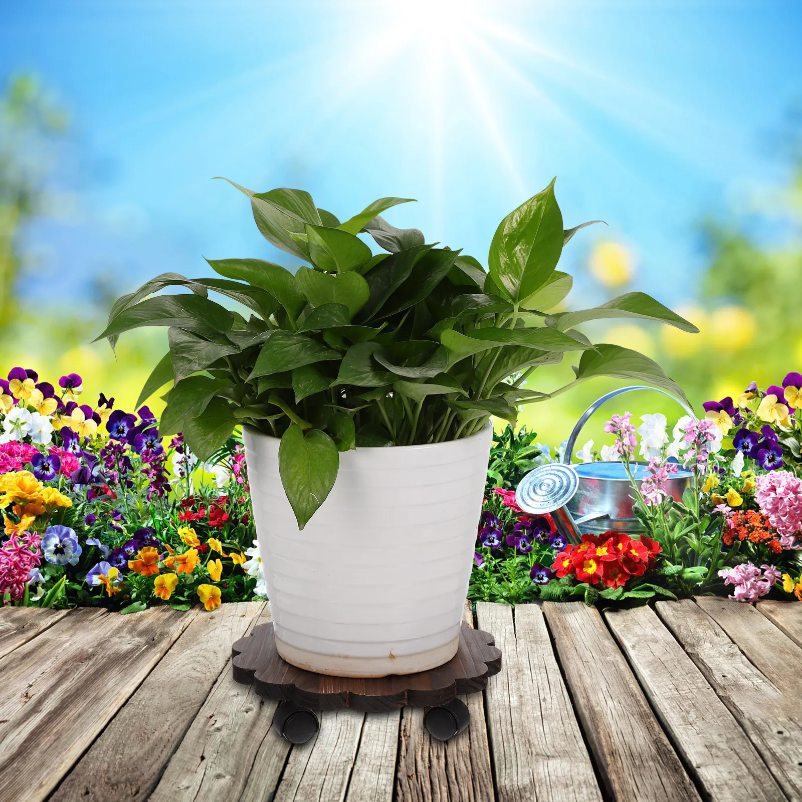 1Pcs Wooden Flowerpot Holder Tray with Universal Wheels and Brakes for Indoor Outdoor Use Garden Living Room Balcony Movable