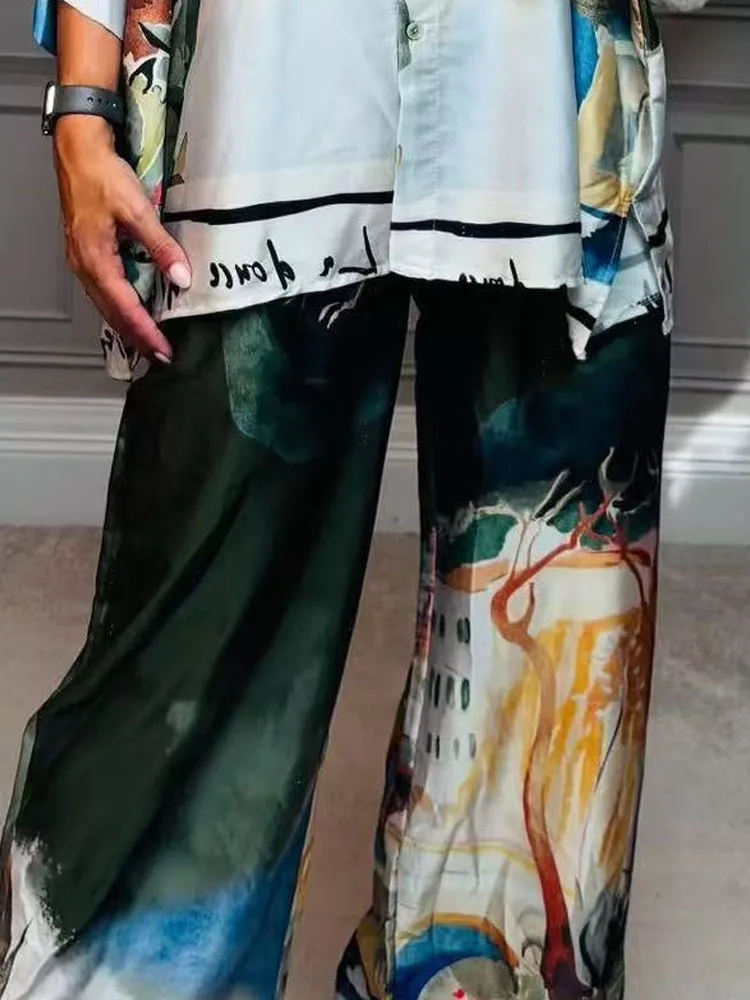 

Модная рубашка с круглым вырезом и длинными брюками, праздничный комплект, женский повседневный свободный костюм из двух предметов с длинными рукавами, элегантный костюм с принтом