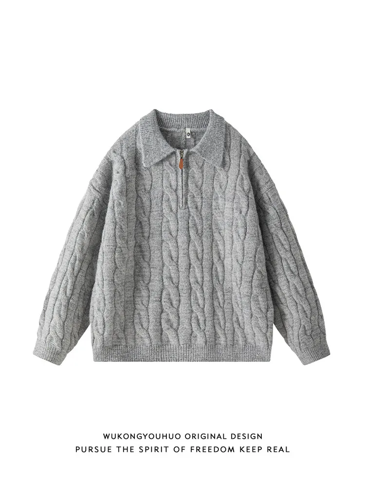 

Винтажный вязаный свитер с полумолнией и воротником-поло, мужской осенний свободный повседневный универсальный свитер для пар