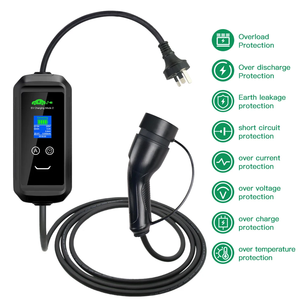 15A Big Power AU Plug 3 Pins Type 1 Type 2 EV Charger for Electric Vehicles Charging 5m 220V 8A 10A 13A Switch Chiefleed