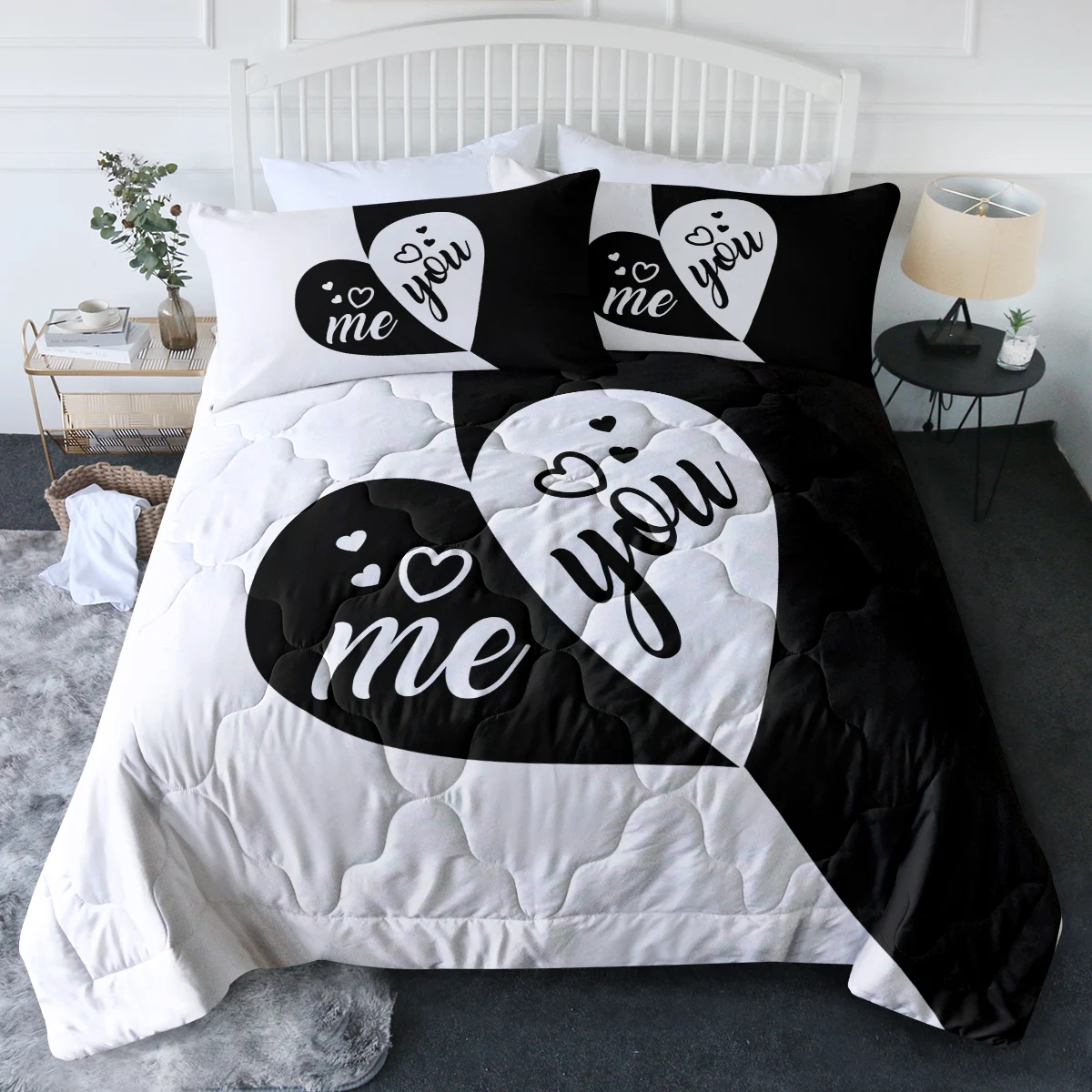 

White Love Hearts Printed Comforter Sets Lightweight Solid Bedding Comforters Sets 3 Pieces Bedspreads With 2 Pillow Shams