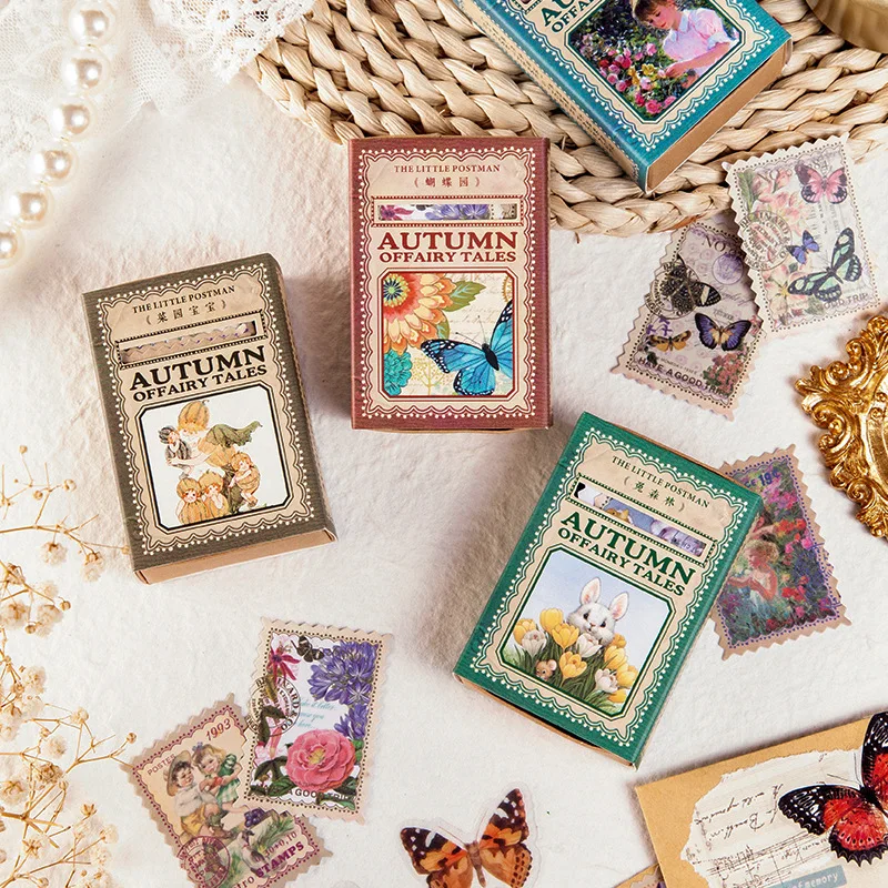 100 Sheets Autumn Retro Stamp Stickers Handmade Decorative Stickers Magazine Decoration Student Stationery Gift Stickers