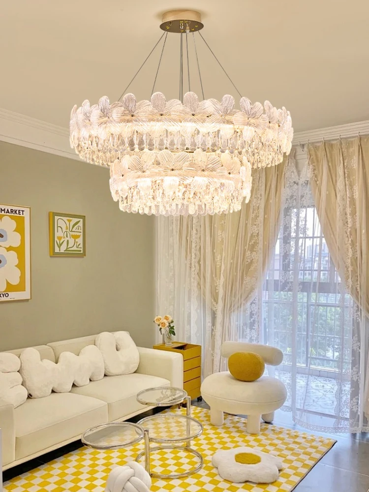 Double-layer Flower Crystal Ceiling Lights Chandelier Modern Gold Hotel Living Room Decor Lights Fixture Round Pendant Light