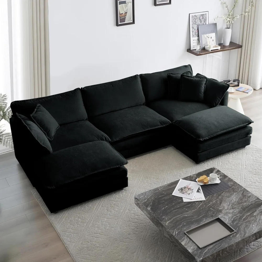 

Chenille U-Shaped Modular Sectional Couch, Modern Comfy 3 Seater Deep Seat Cloud Couch with 2 Ottomans/Chaises & 5 Pillows for