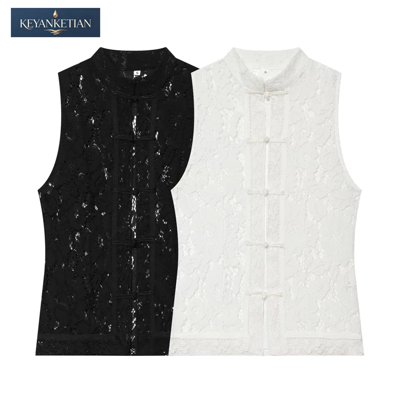 KEYANKETIAN 2026 Summer Elegant Sheer Lace Waistcoat Blouse Top Frog Buttons, Stand Collar & Openwork Fabric Sleeveless Shirt