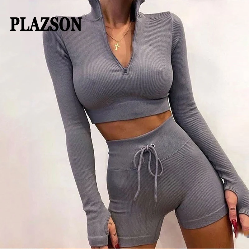 PLAZSON 2 Pieces Matching Set Women Tracksuit Long Sleeve Crop Tops Leggings Sports Suits Solid Sportswear Yoga Set Clearance