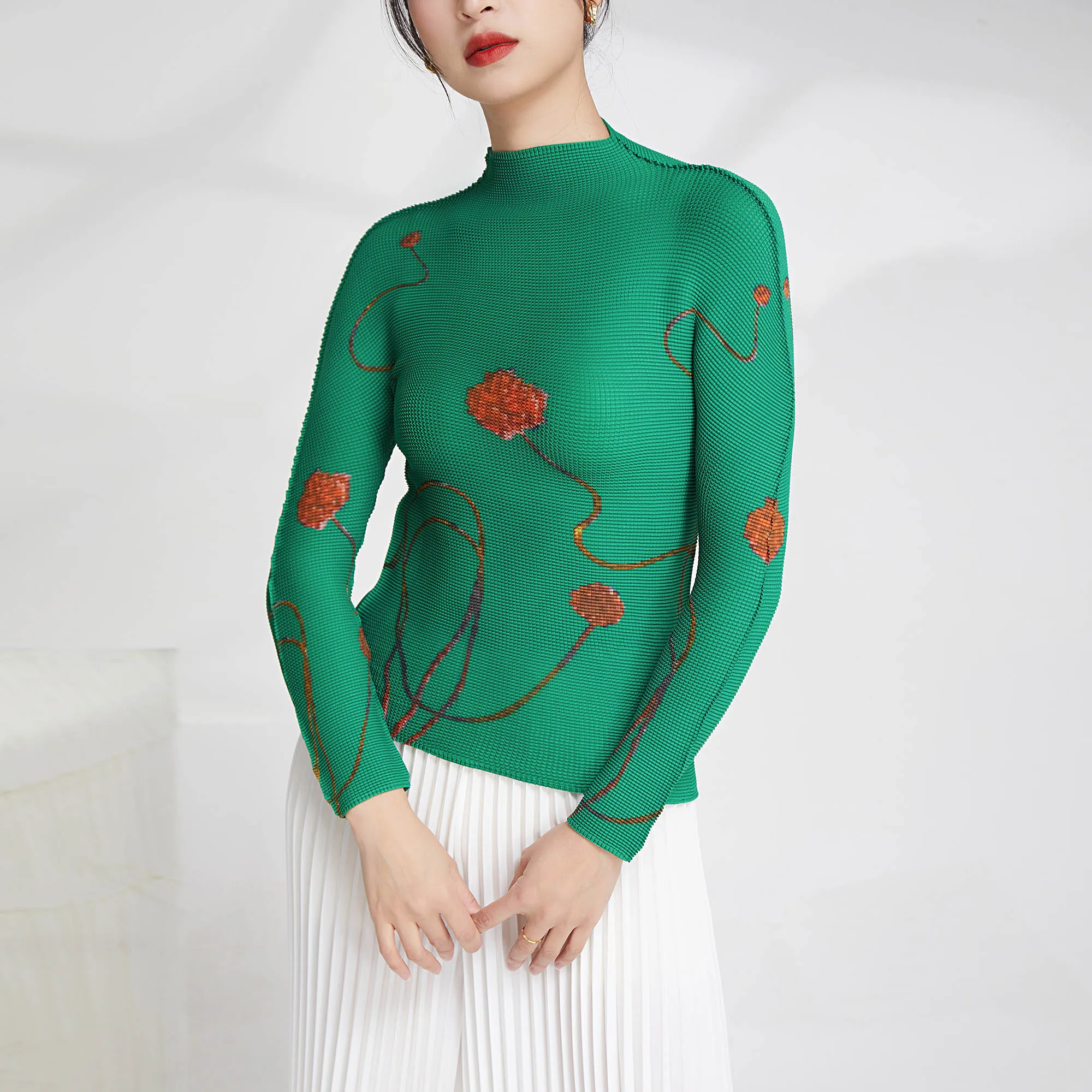 Factory Custom Summer Fashion Pleated Printing Casual Style Top Long Sleeve T-Shirt Pleated Elastic Fitted Shirt