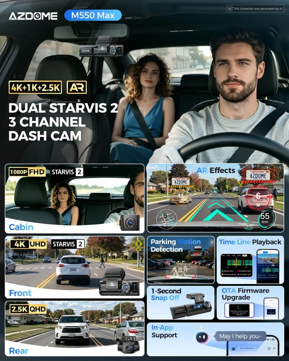 4K+2.5K+1080P Triple Dash Cam, Dual STARVIS 2, WiFi GPS, 64GB Included, IR Night Vision, Parking Mode view 2