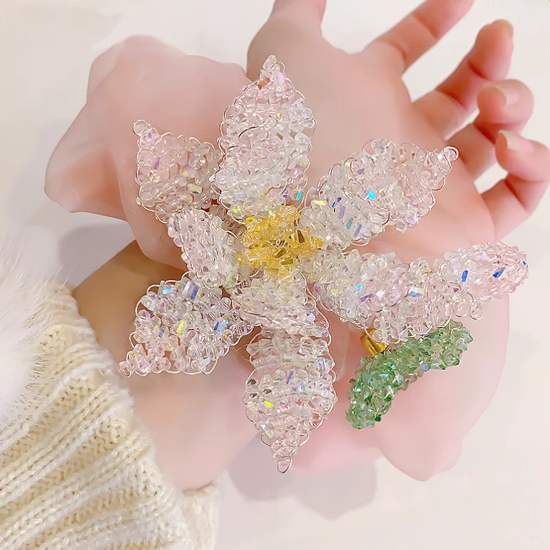 

Handmade Bead Crystal Flower Hair Rope Sweet Hair Bands Women Ponytail Hair Tie Exquisite Hair Ribbon Hair Accessories