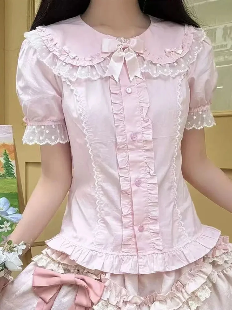 

Kawaii Bow Sweet Shirt Women Slim Preppy Style Short Sleeve Cute Chic Blouse Summer Female Lace Patchwork Peter Pan Collar Tops