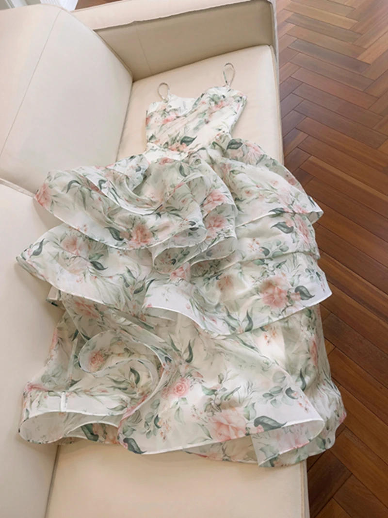 

Early Spring 2026 Floral Print Strapless Long Dress Beach Holiday Unusual Multi-layered Gown High Waist A-line Skirt Wedding ...