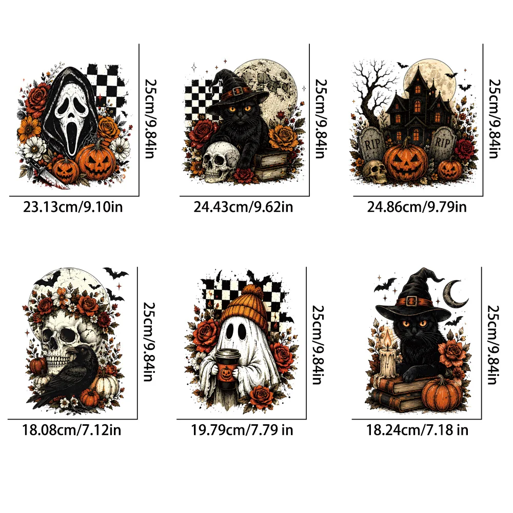 6Pcs Retro Halloween HTV Iron-on Patches, Wash Resistant, DIY Prints for T-shirts, Hoodies, Bags & Halloween Costumes