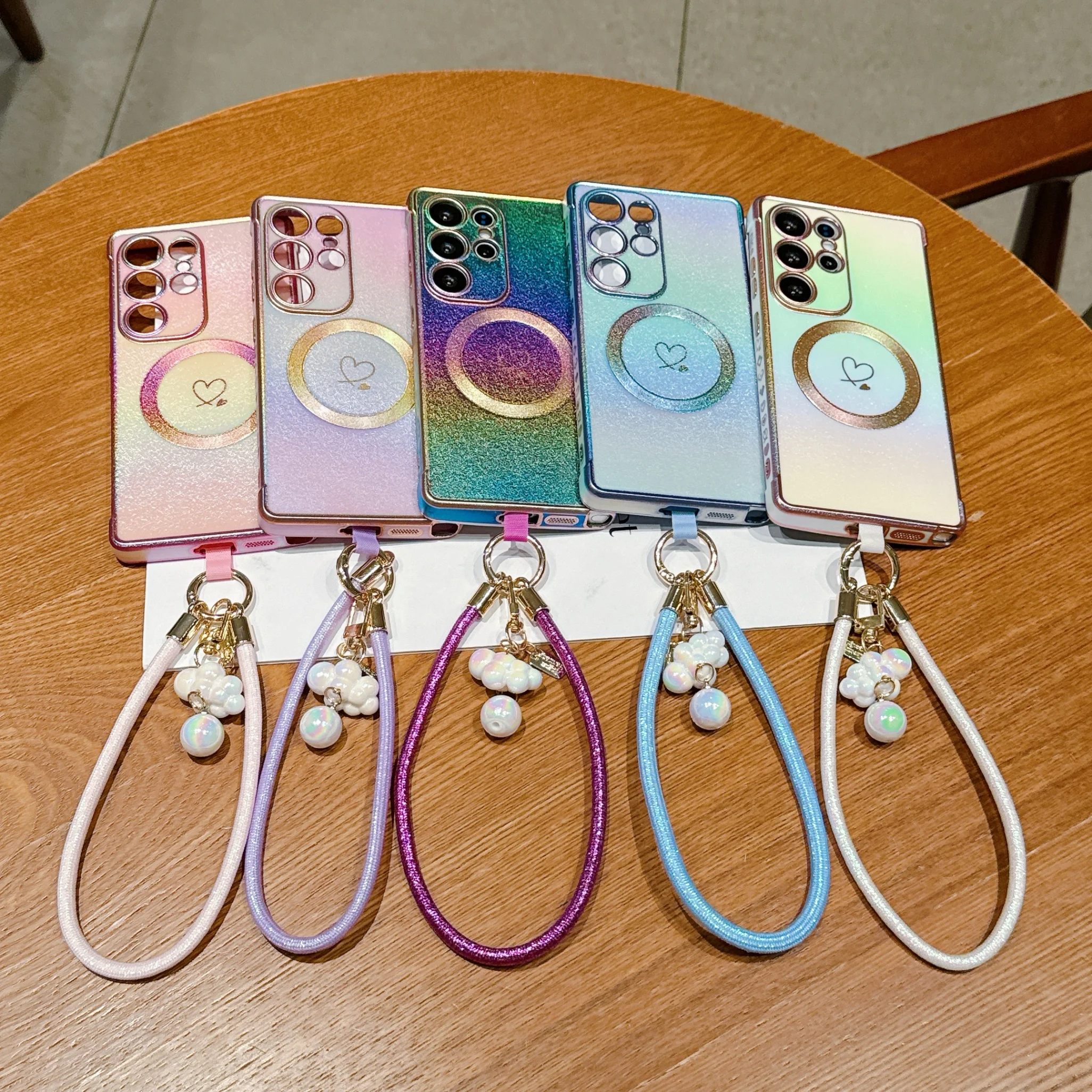 Silk Magnetic Case for Samsung S25/S24/S23 Ultra/S22/S21FE/s24fe, Electroplated Heart & Cloud Wrist Strap, Shockproof Full Cover