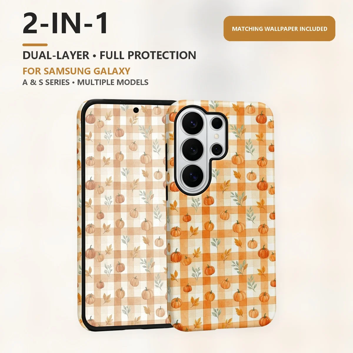 Watercolor Pumpkin Plaid 2-in-1 Dual-Layer Phone Case for Samsung Galaxy S26 S25 S24 Plus Ultra FE S20 FE A56 A17 A16 A15