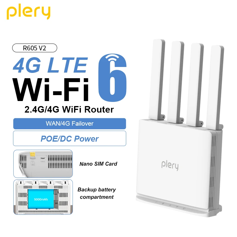 

PLERY WiFi6 300Mbps 4G LTE CAT4 Outdoor Router Insert a Sim 2.4Ghz Wifi signal Router Wireless Extender amplifier plug and play