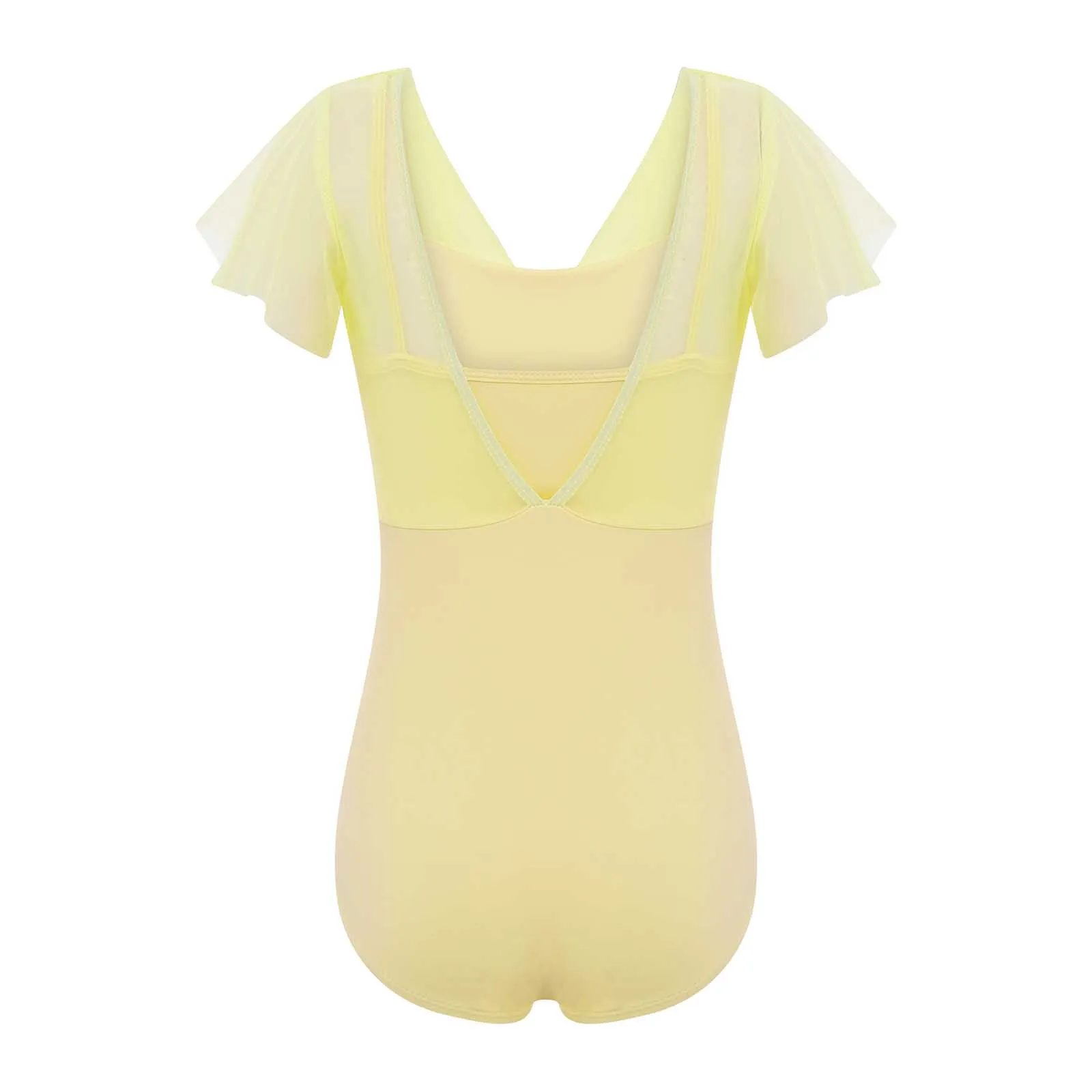 Meisjes Professioneel Ballet Yoga Danskostuum Ruches Mouwen Ruches Sheer Mesh Overlay Lijfje Ballet Turnpakje Ballet Danskleding