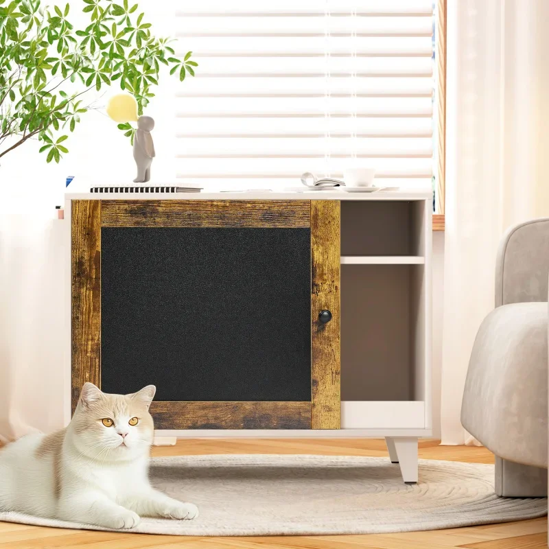 

Modern Hidden Cat Litter Box Enclosure Furniture with Scratching Pad for Living Room, White vintage color door frame