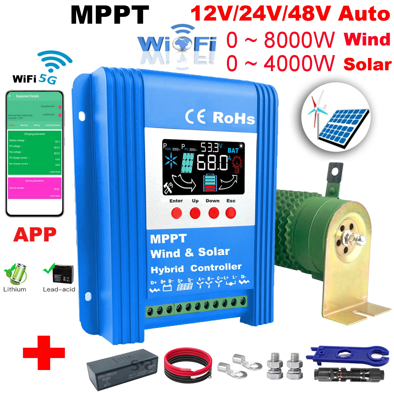 

4000W 6000W 12V 24V 48V Hybrid Wind Solar Charge Booster Controller MPPT Board With Wifi Monitor Solar Panel Regulator Lifepo4