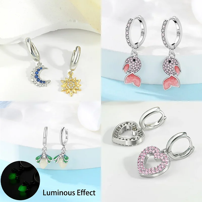 S925 Silver Hoop Earring Glowing Firefly Pink Goldfish&Deep Sea Whale&Blue Gradient Butterfly Earrings for Women Gifts Jewelry