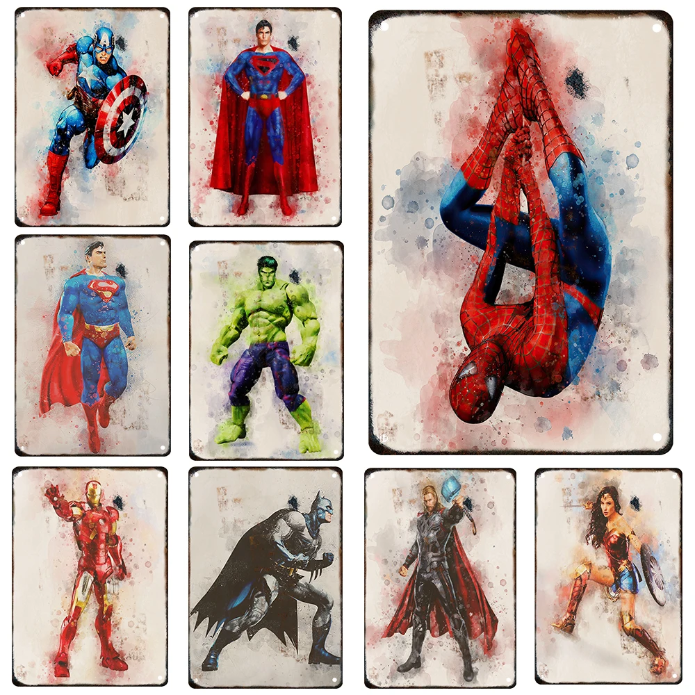 Vintage Marvel Metal Tin Sign Plaque Avengers Spiderman Iron Man Wall Decor Bar Movie Theater Cafe Iron Painting Decorative Plat