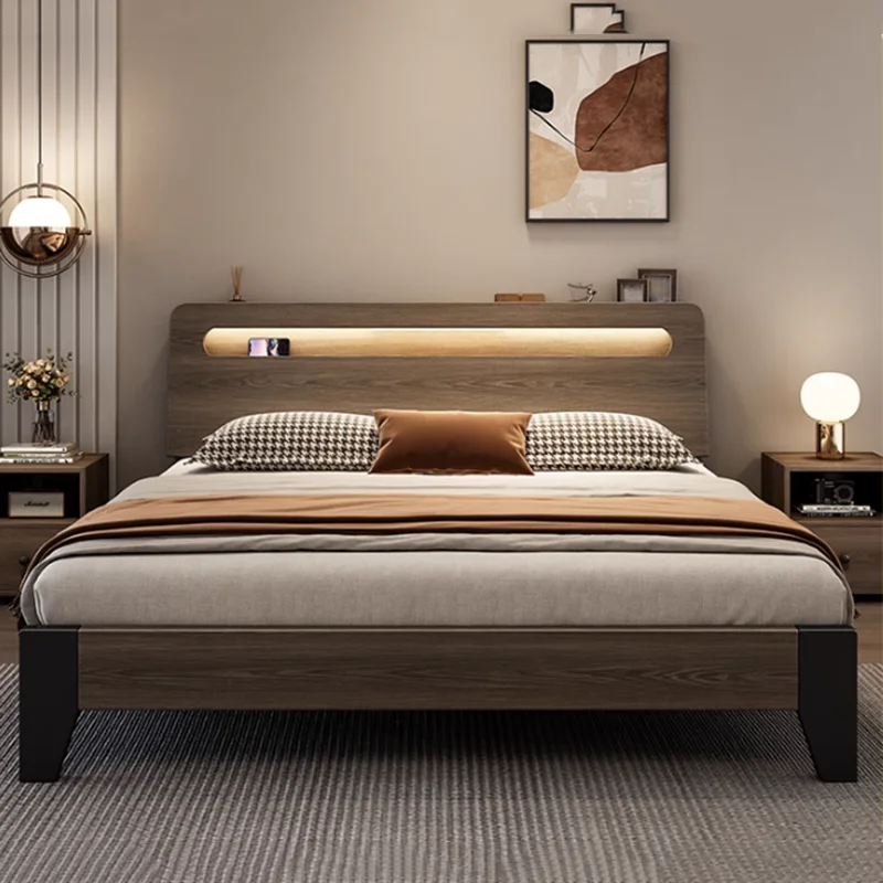Wooden Design Bedroom Bed Floor Space Saving Sleeping Simple Bed Modern Headboards King Size Camas De Casal Trendy Furniture