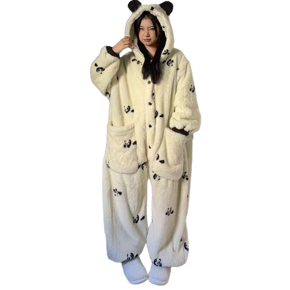 

Panda Cartoon One-piece Pajamas For Women Winter Flannel Cute Loose Fluffy Onesie Pijamas Pyjamas Femmes Soft Plush Sleepwear