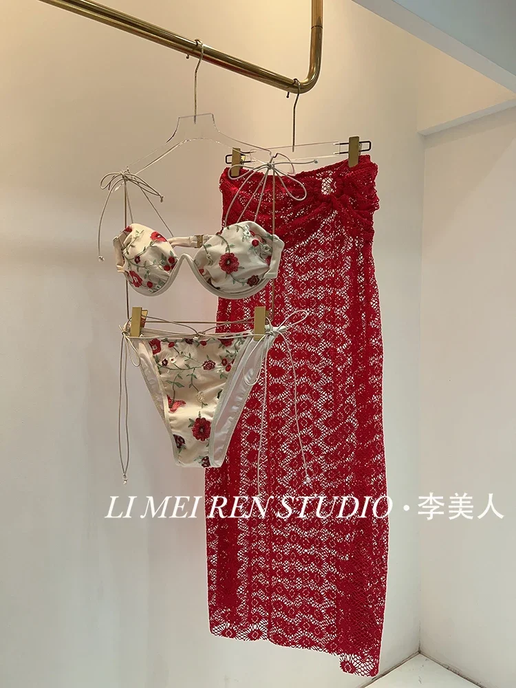 New Heavy Industry Lace Embroidery Flower Skirt Style Bikini Beach Resort Swimsuit Set