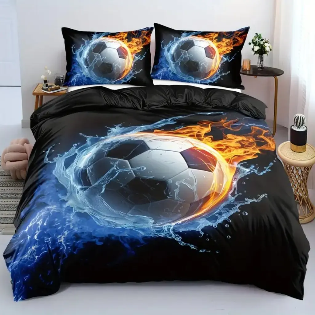 3pcs Polyester Football Print Duvet Cover Set 3D Digital Printed Bedding Set Twin Full Queen King Christmas Gift