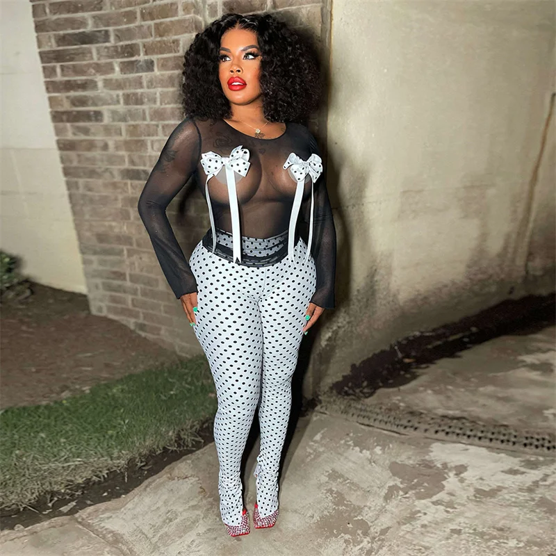 Sexy Mesh See Through Club Night Outfits Women 2 Piece Set Outfit Polka Dot Bow Tie Long Sleeve Top and Split Flare Pants Y2K