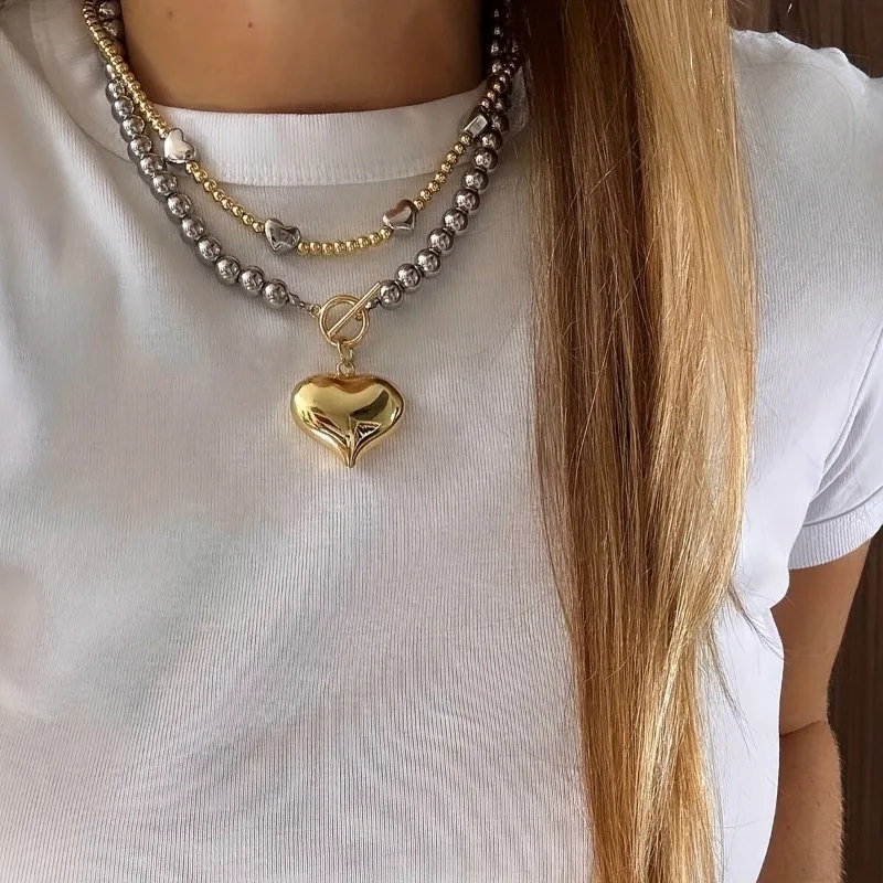 1pc Punk Style Heart Pendant Necklace for Women, Fashionable Exaggerated Lock Charm, Versatile Daily Wear Accessories Jewelry