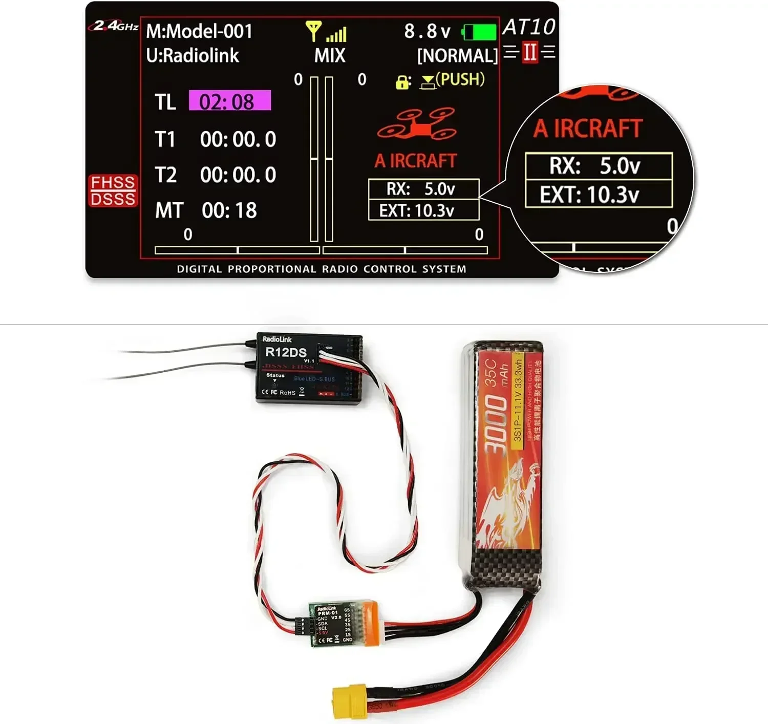 Radiolink AT10II 2,4 Ghz 12 canales RC transmisor y receptor R12DS AT10 II PRM-01 retorno de voltaje para RC Drone avión Quad