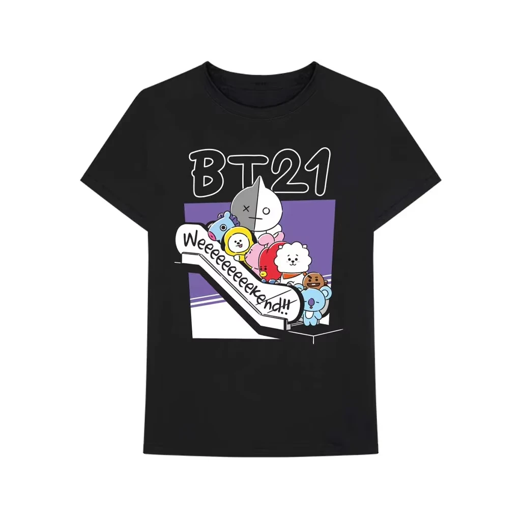 BT21 Weekend Theme Graphic Unisex Black Cotton T-shirt Cartoon Character Printed Casual Short Sleeve Fan Tee