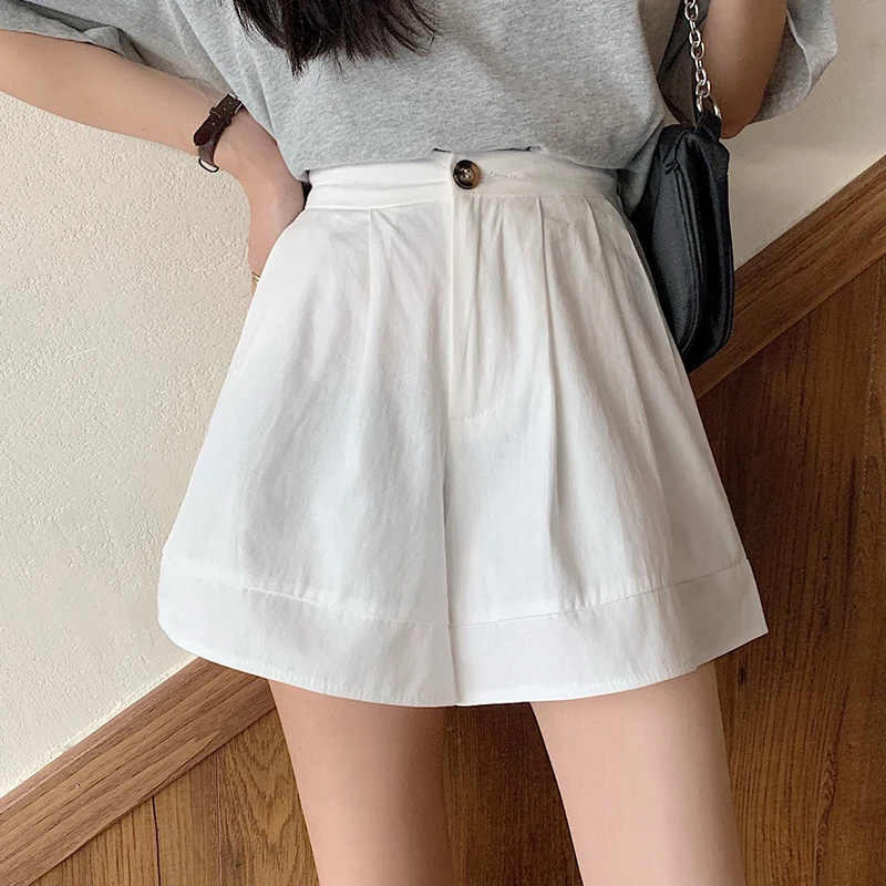 Short ample en pur coton pour femmes, jambe droite, fin, décontracté, couleur unie, pantalon court, Style collège coréen, été 2025