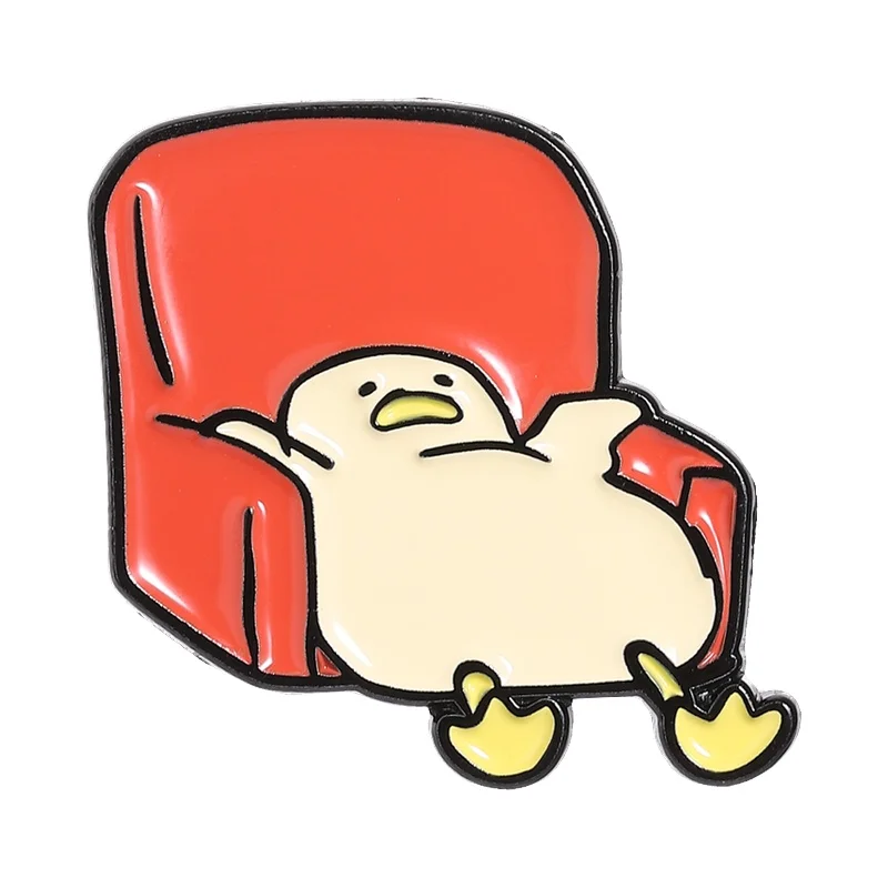 

Funny Lazy Duck Enamel Pin Cartoon Duck Slouching on Red Couch Brooch Bag Lapel Badge Jewelry Gift for Stressed Office Workers