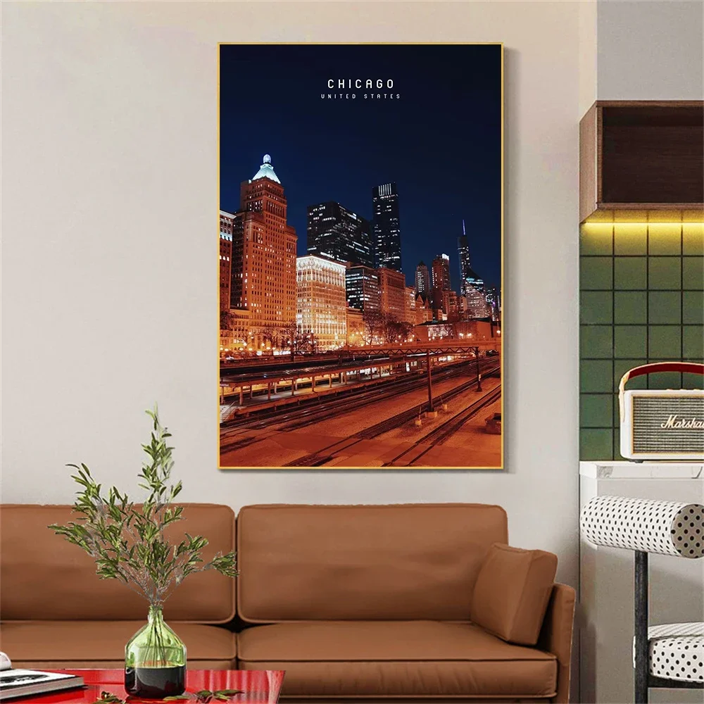 Modern Chicago Cityscape Wall Art Print American Urban Night Skyline Poster Canvas Painting Living Room Bedroom Home Wall Decor