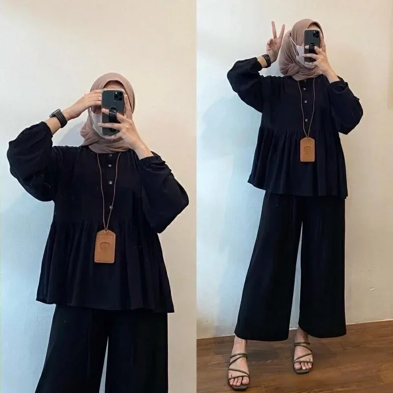 Women Eid Muslim Tops O Neck Tight Waist Blouses Dubai Malaysian Folds Solid Casual Slim Fit Button Slight Strech Pullover