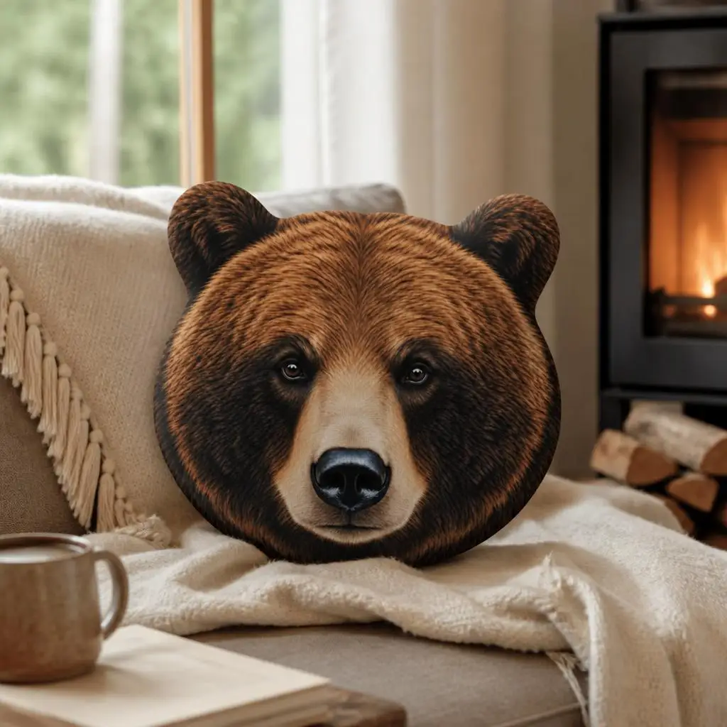Brown Bear Face Shaped Plush Pillow Stuffed Cushion Wildlife Throw Pillow for Rustic Cabin Home Decor Bear Lover Gift Sofa