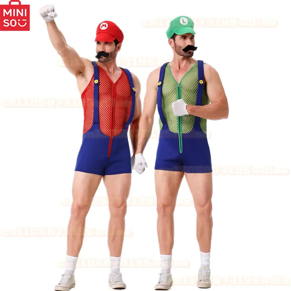 

Halloween Men's Anime Super Luigi Cosplay Costume Carnival Party Hollow Red And Green Jumpsuits Disguise Plumber Funny Clothes
