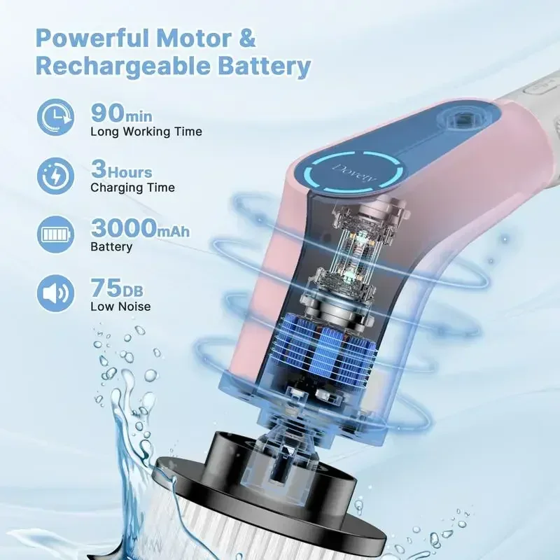 Dovety×Mama Malina Dovety 핑크 전기 스핀 스크러버, 교체 가능한 브러시 헤드 8 개, 2 가지 속도 조절 가능