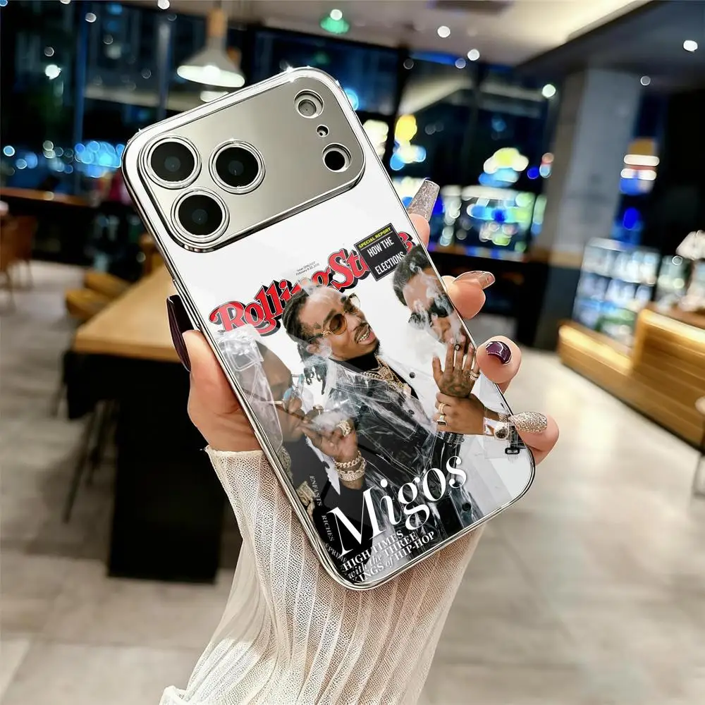 M-MigosS RAPPER BAND Phone Case For IPhone 12-17 Pro Max Plus Electroplated Metal Bumper Case Slim Tempered Glass