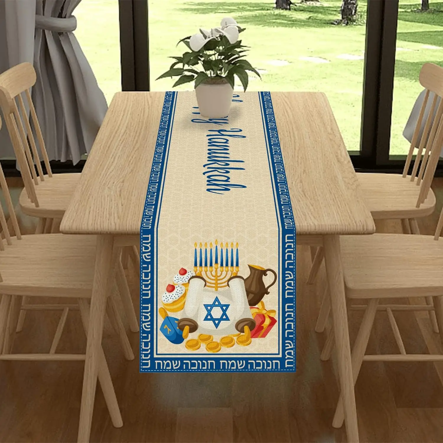 Happy Hanukkah Linen Table Runner Holiday Party Decor Jewish Hanukkah Chanukah Menorah Table Runners Kitchen Dining Table Decor