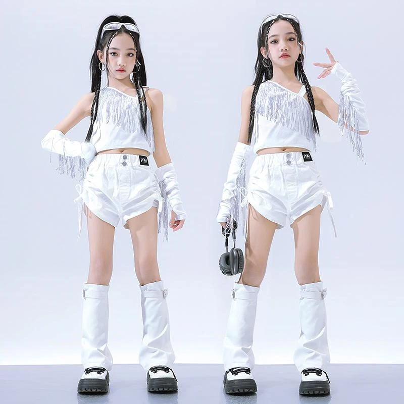 

Kpop Style Girls Hip Hop Performance Clothes White Tassel Crop Tops Jazz Dance Costume Concert Competition Wear Kids Set BL14689