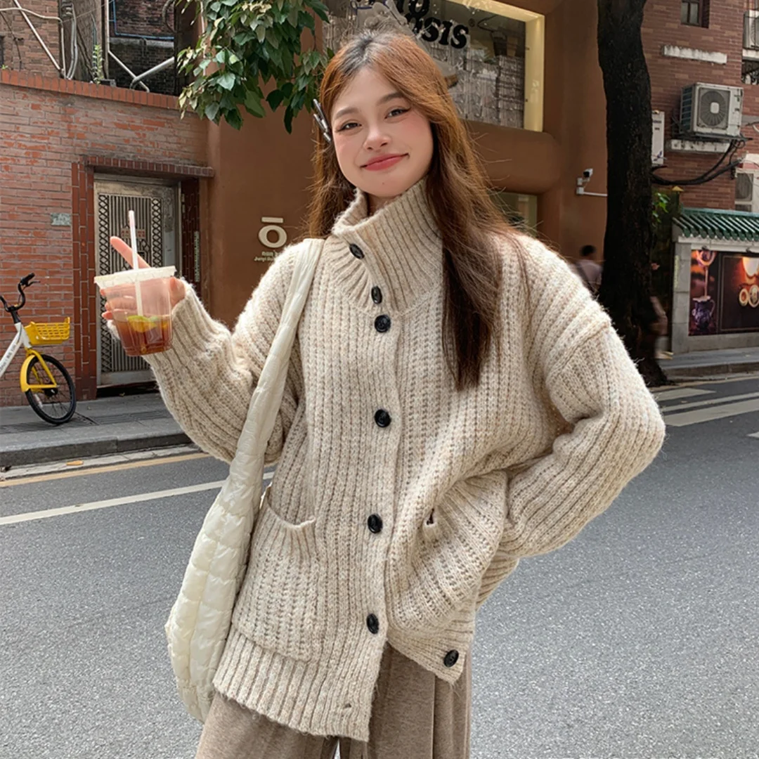 

Loose Lazy Sweater Women Twist Fashion Knit Autumn Warm Cardigan Office Lady Harajuku Stand Collar Gray Vintage Female Jumpers