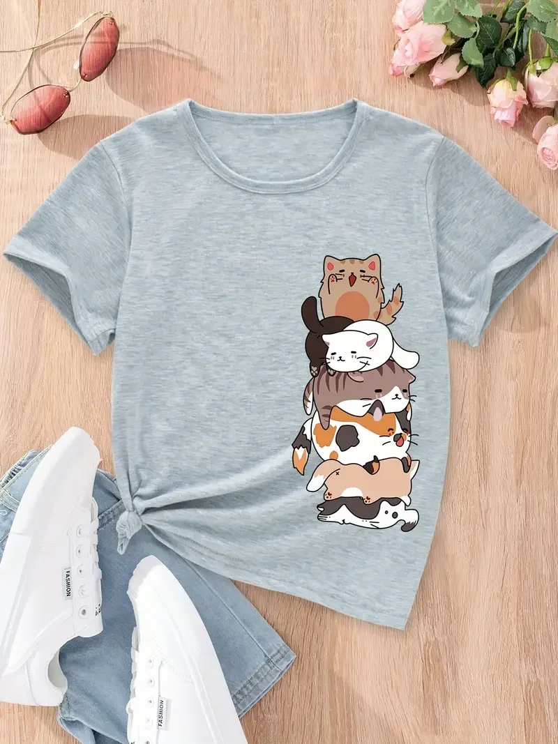 Girls Cute Cartoon Cat Graphic T-Shirt Casual Round Neck Tees Top Teen Kids Summer Clothes