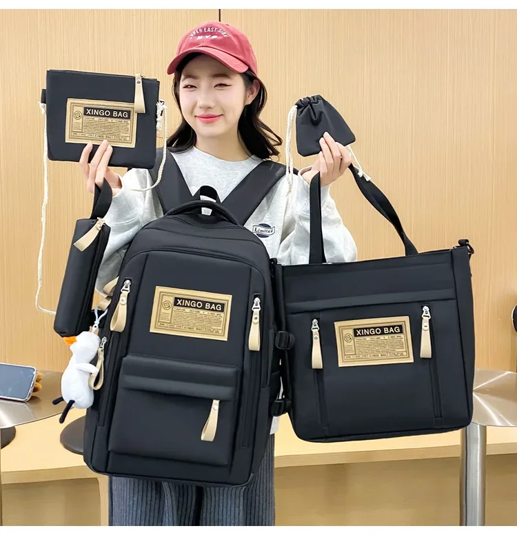 Korean Version 5-piece Set College Style Trend Street Large-capacity Schoolbag Male and Female Students Backpack Shoulder