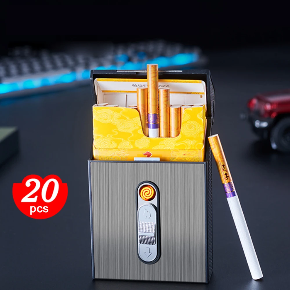 New USB Charge Cigarette Case Lighters Integrated Electric Arc Windproof Lighter Cigarette Box Men Gift