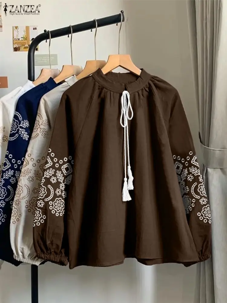

ZANZEA Women Blouse Fashion Embroidery Long Sleeve Bandage Tunic Tops Autumn Shirts Vintage Casual Loose Korean Blusas Femininas