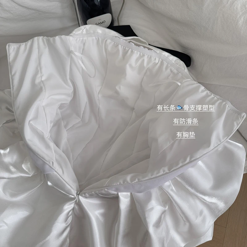 Elegante fora do ombro vestido branco de luxo sem alças em camadas plissado mini vestido festa à noite espinha de peixe vestido curto vestidos mujer