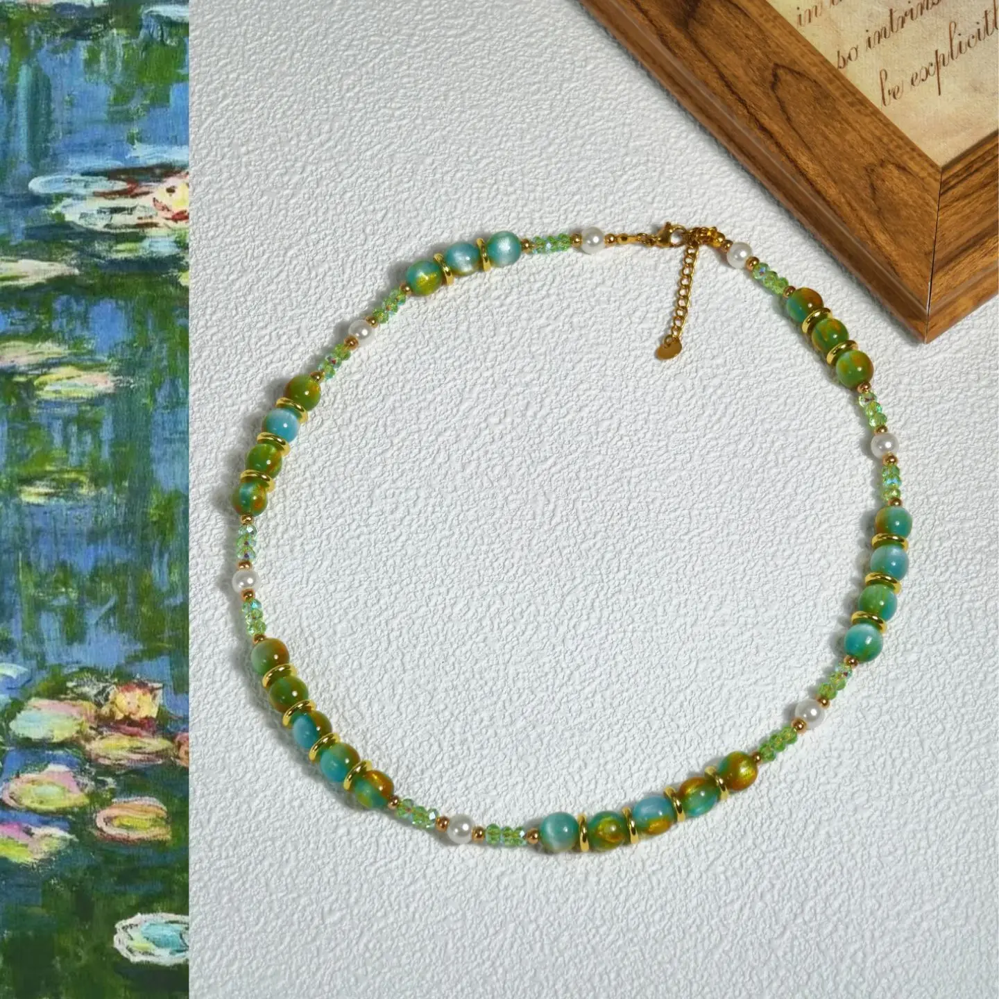 Monet Water Lilies Summer New Bead Chain Clavicular Chain Dopamine Temperament Fresh Color Matching Original Glass Bead Necklace